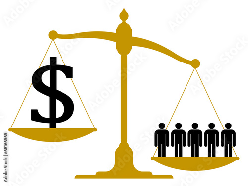 Imbalanced pendulum scale with people and a dollar