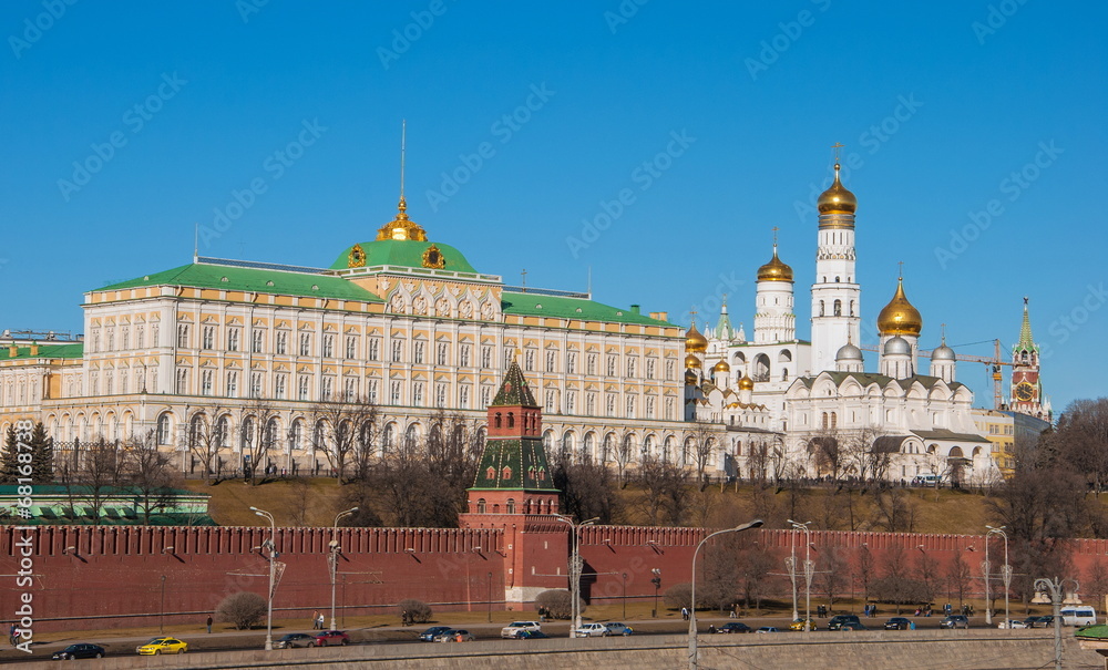 View of  Kremlin wall and Kremlin cathedrals in Moscow