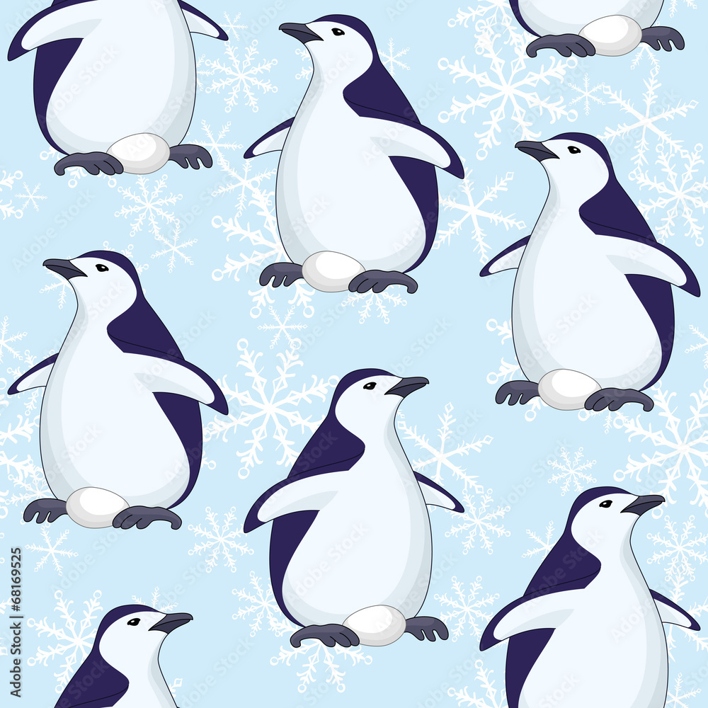Naklejka premium Seamless pattern, penguins and snowflakes