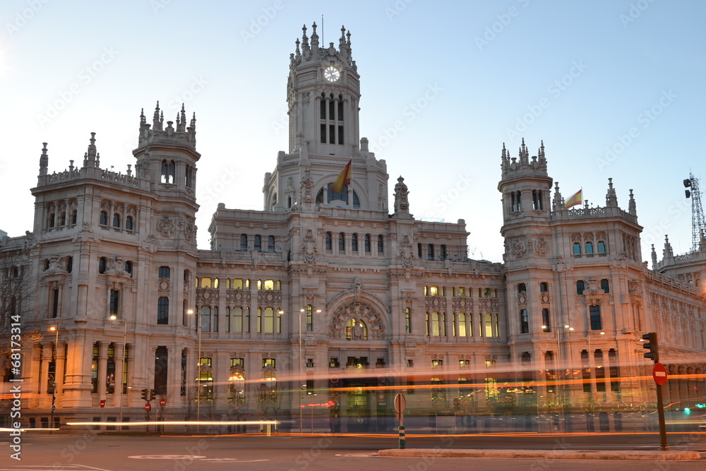 communication palace with rays of car lights, Madrid, Spain