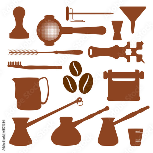 vector solid colors coffee set instruments barista equipment set