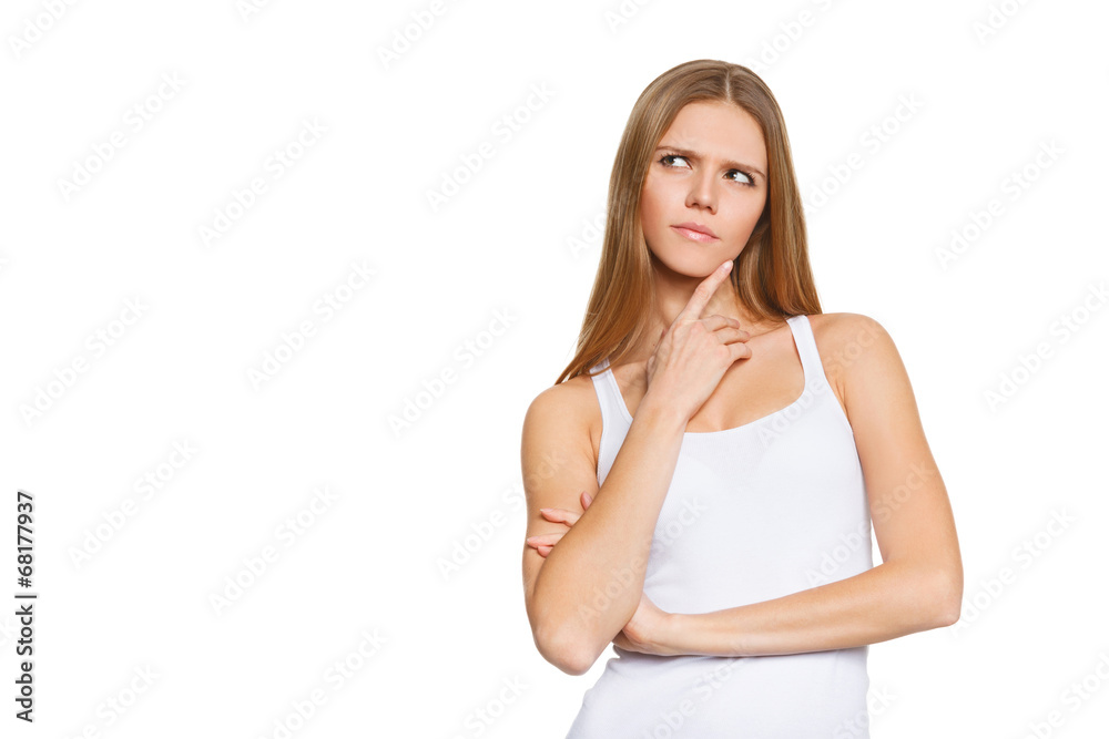 Portrait of attractive woman think looking up, isolated Portrait of attractive woman think looking up, isolated