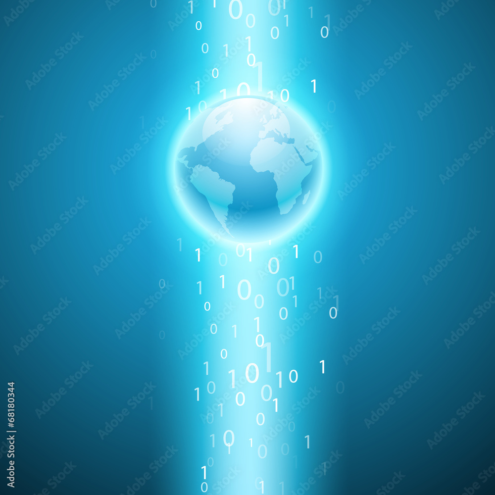 Stream of binary code to the globe. Stream of binary code to the globe.