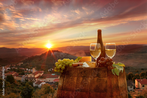 White wine with barell in vineyard, Chianti, Tuscany, Italy