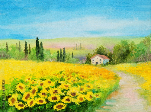 oil painting landscape - field of sunflowers