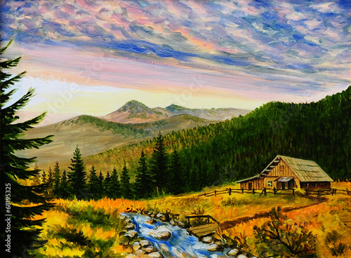 oil painting landscape - sunset  in the mountains, village house
