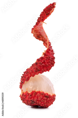 The broken shell litchi on white background