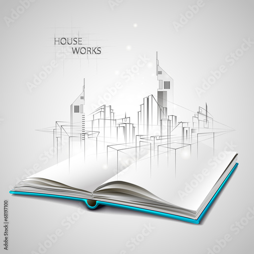 Opened book and drawing building sketches