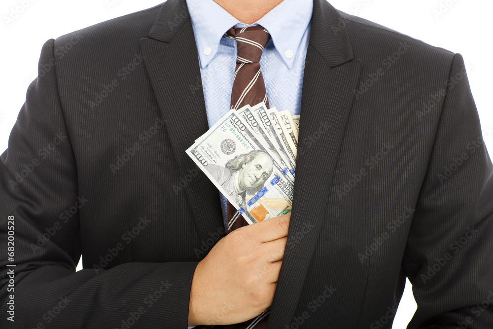businessman hide money in the pocket with white background businessman hide money in the pocket with white background