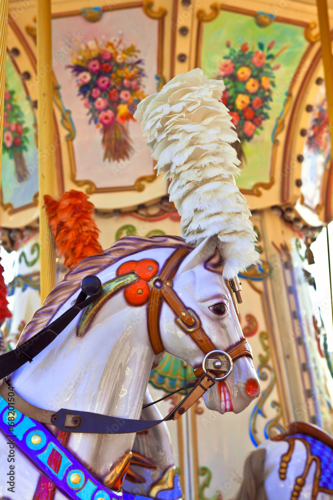 Portrait of a vintage merry-go-round horse.