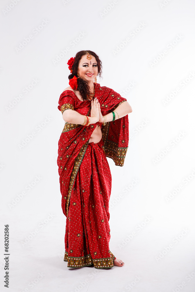 european girl in red indian saree