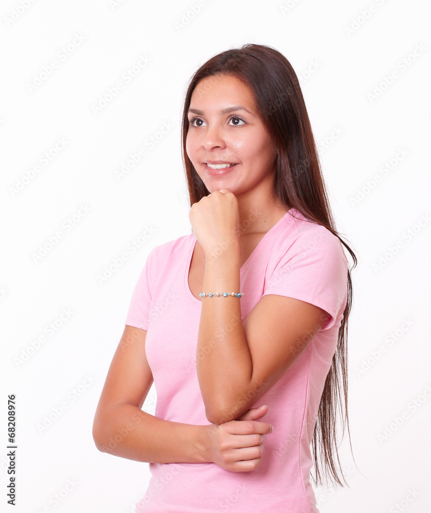 Pensive lovely girl looking to her right Pensive lovely girl looking to her right
