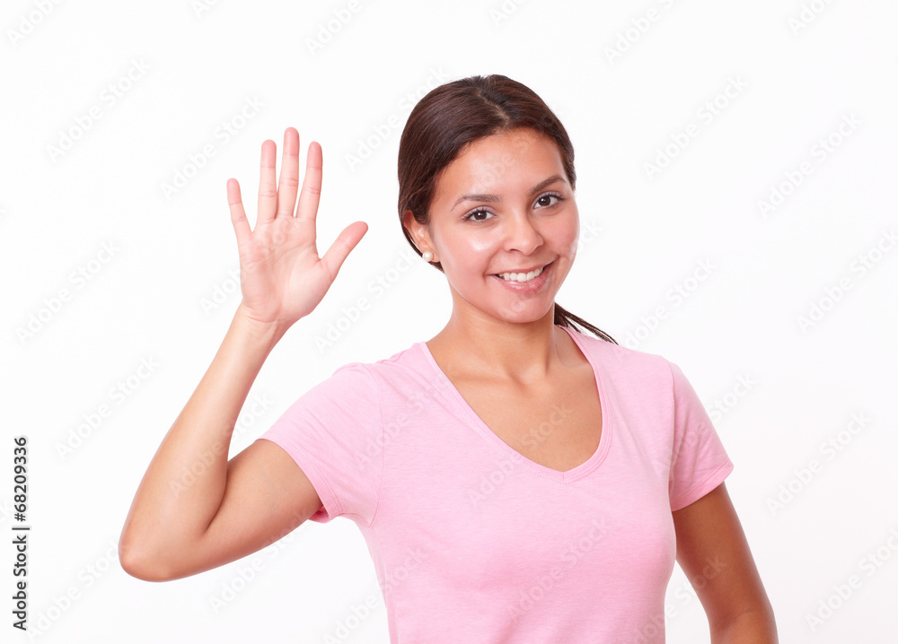 Friendly brunette lady with greeting hand Friendly brunette lady with greeting hand