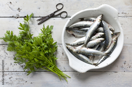 sardines on enamelled tray with parsley on rustic background photo