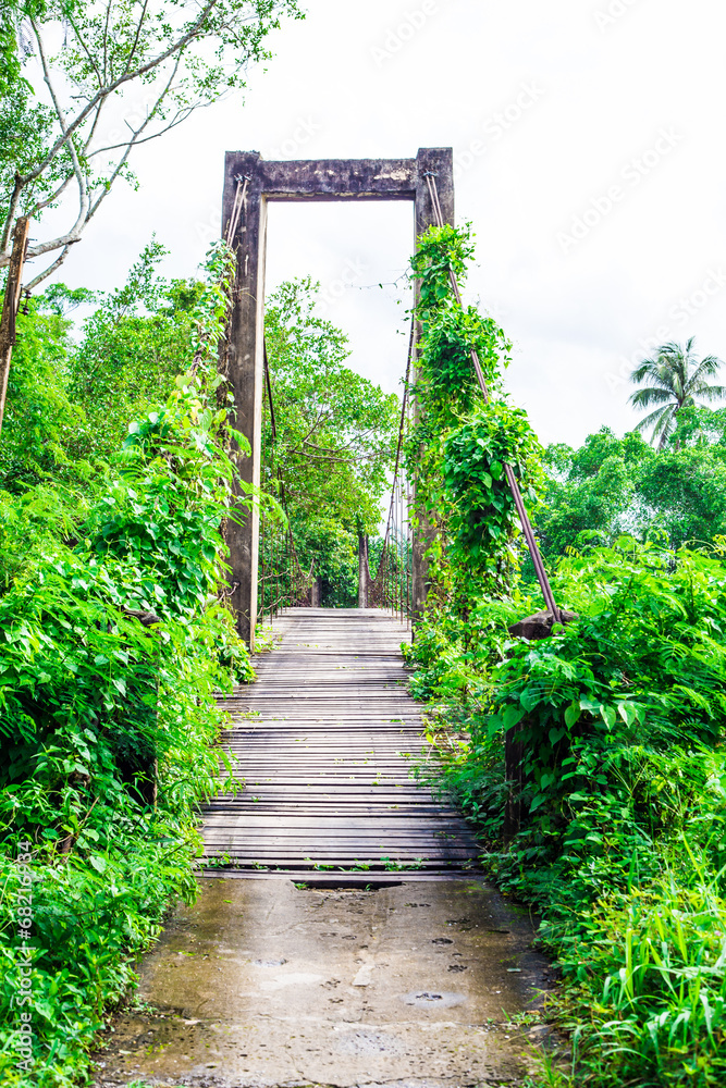 Old wooden long rope bridge cross the stream Old wooden long rope bridge cross the stream