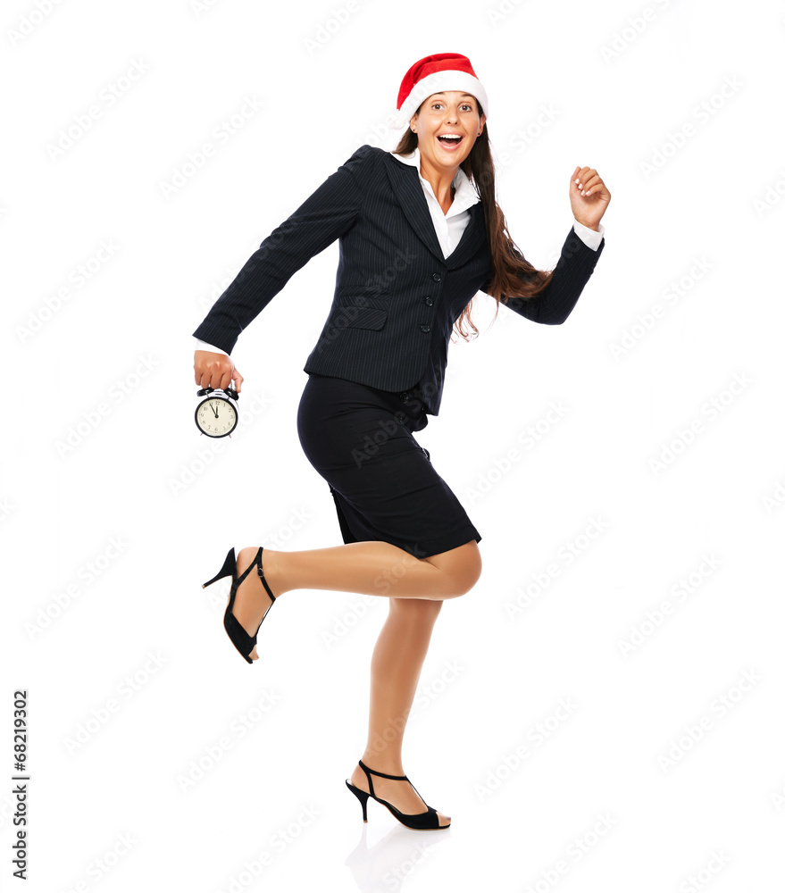 Business woman with santa hat is running late