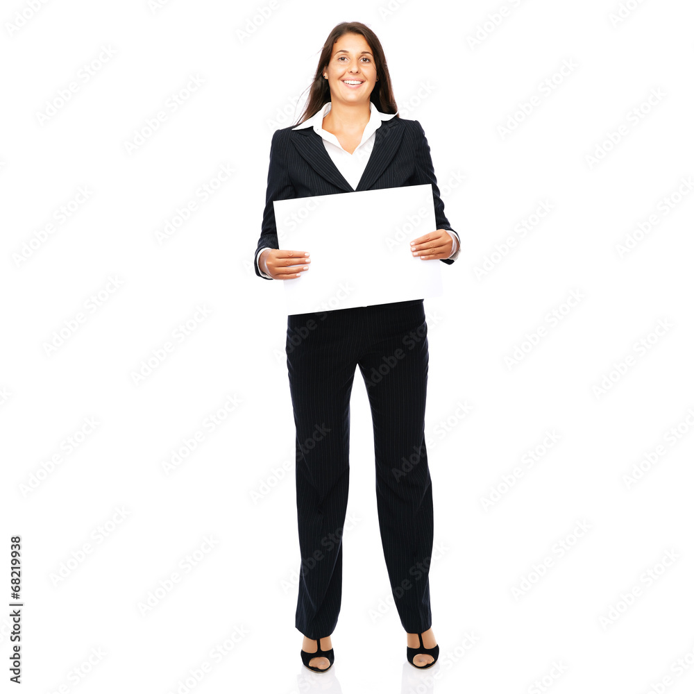 Business woman happy smiling presenting empty copy space sign Business woman happy smiling presenting empty copy space sign