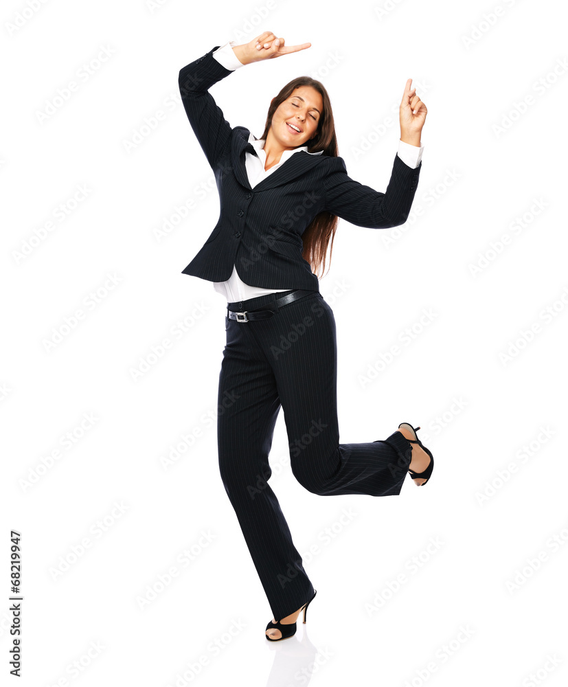 Business woman in a black suit dancing is happy cheerful Business woman in a black suit dancing is happy cheerful