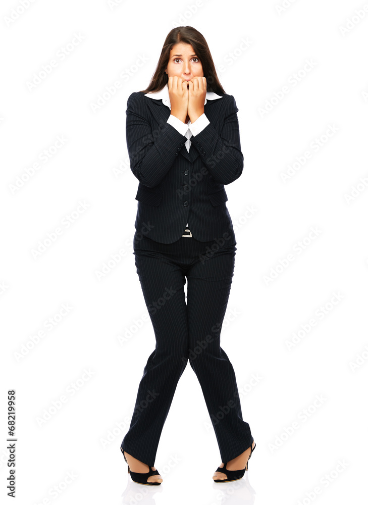 Business woman biting her nails is nervous and scared Business woman biting her nails is nervous and scared