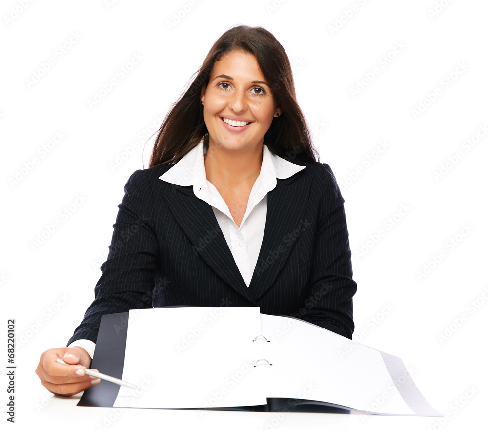 Business woman showing blank notebook copy space Business woman showing blank notebook copy space