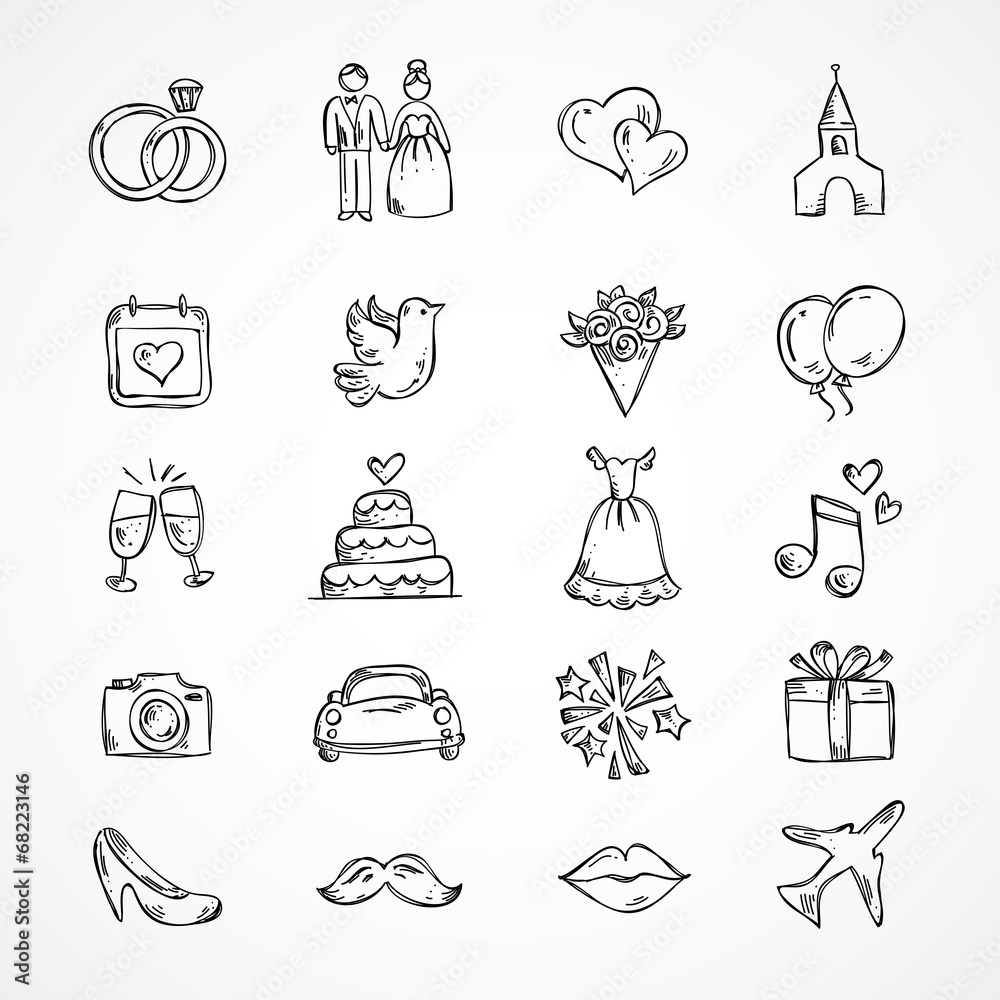 Vector wedding icons, bride, groom, couple, love, marriage เวกเตอร์ ...