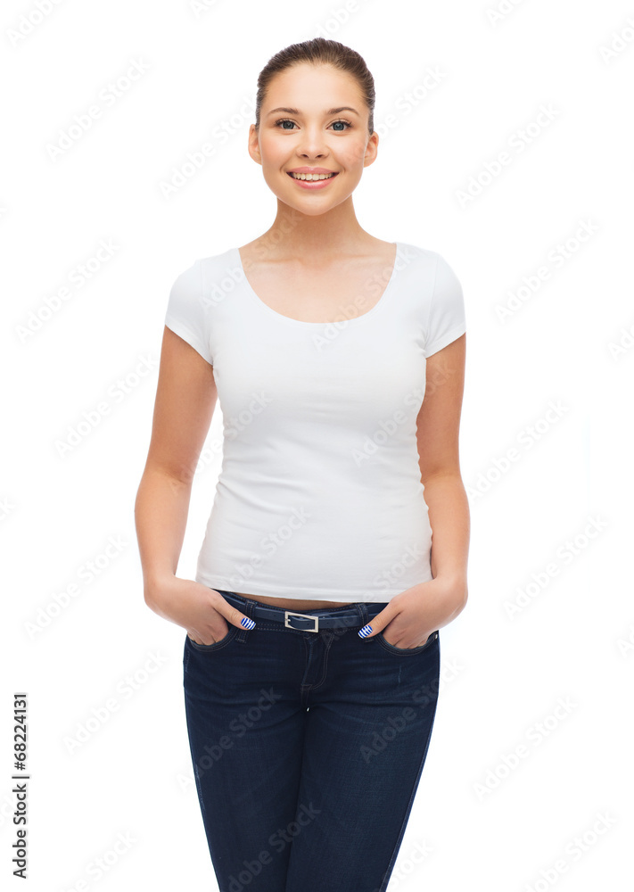 smiling young woman in blank white t-shirt smiling young woman in blank white t-shirt