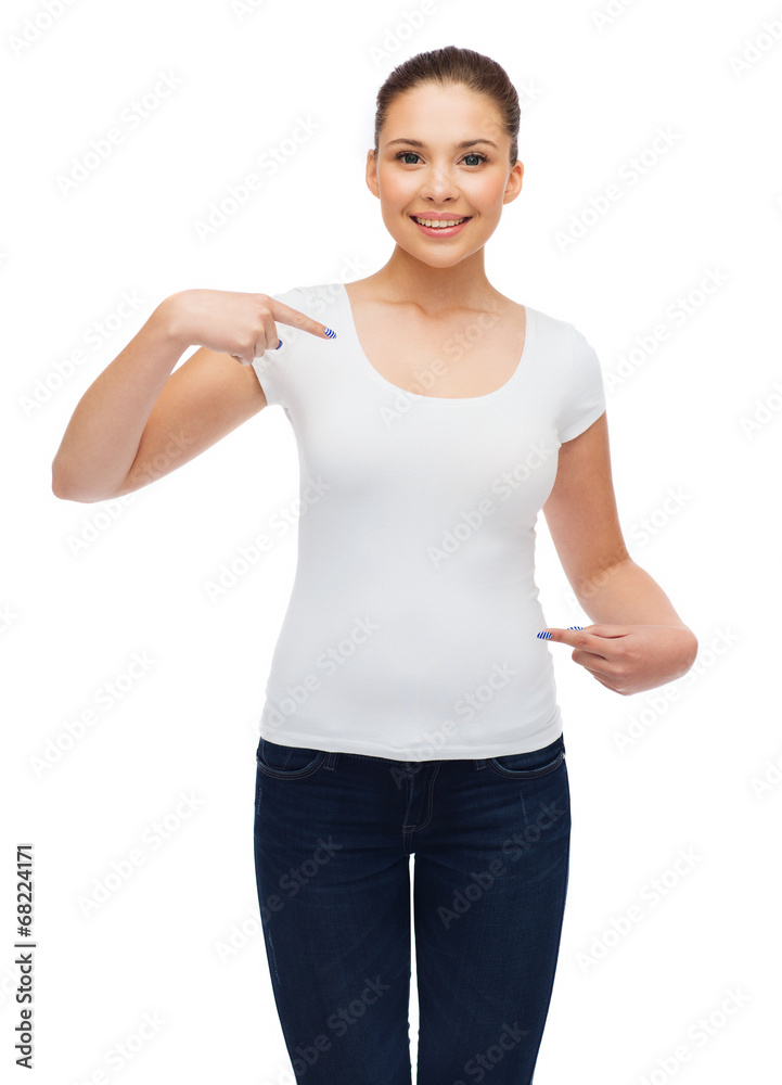 smiling young woman in blank white t-shirt smiling young woman in blank white t-shirt