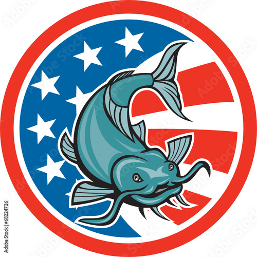 Catfish Swimming American Flag Circle Cartoon