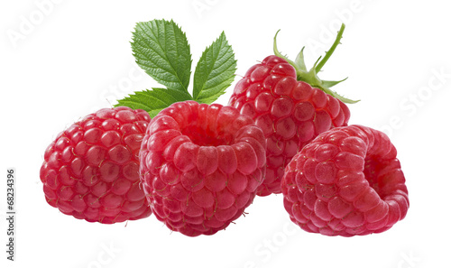 Four raspberries group and leaves isolated on white background