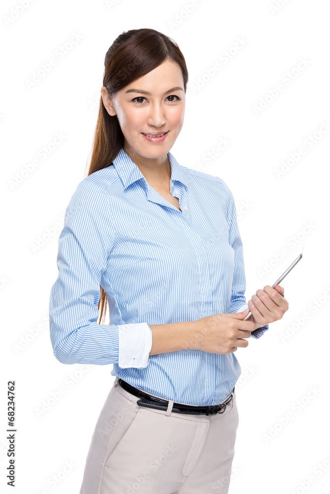 Asian businesswoman hold tablet on white background Asian businesswoman hold tablet on white background