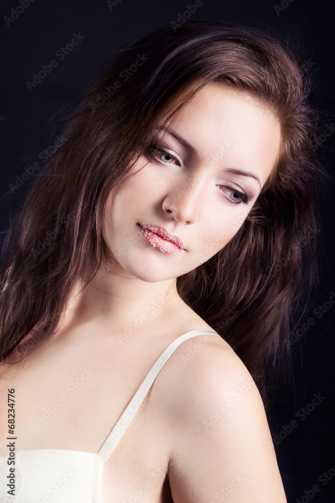 beautiful sexy girl brunette with makeup in the white bodysuit beautiful sexy girl brunette with makeup in the white bodysuit