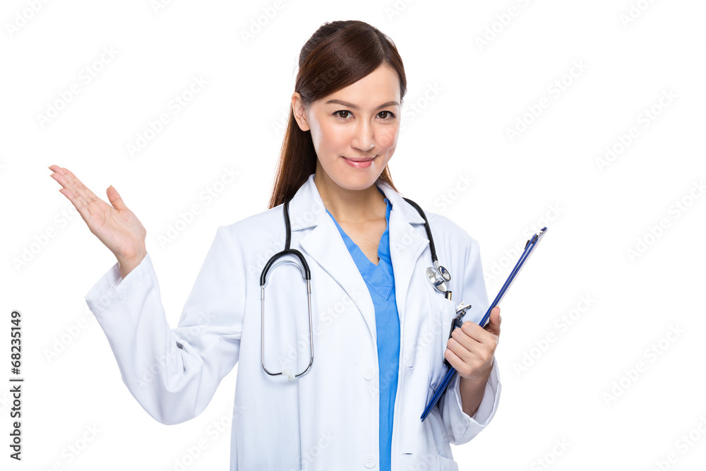 Asian female doctor open palm present with clipboard Asian female doctor open palm present with clipboard