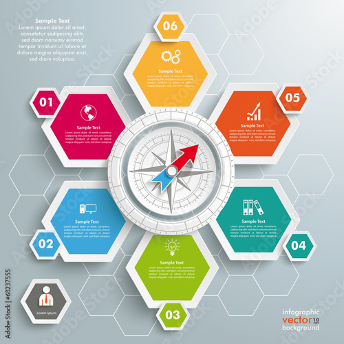 6 Colored Hexagons White Compass