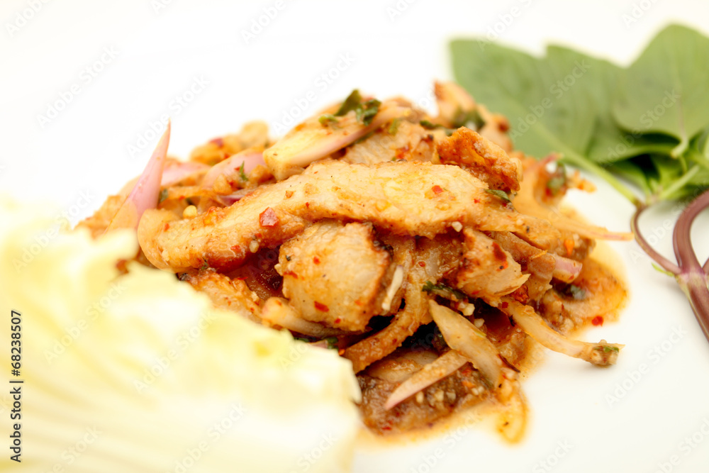 Thai cuisine spicy pork salad , Moo Nam Tok isolated white backg Thai cuisine spicy pork salad , Moo Nam Tok isolated white backg