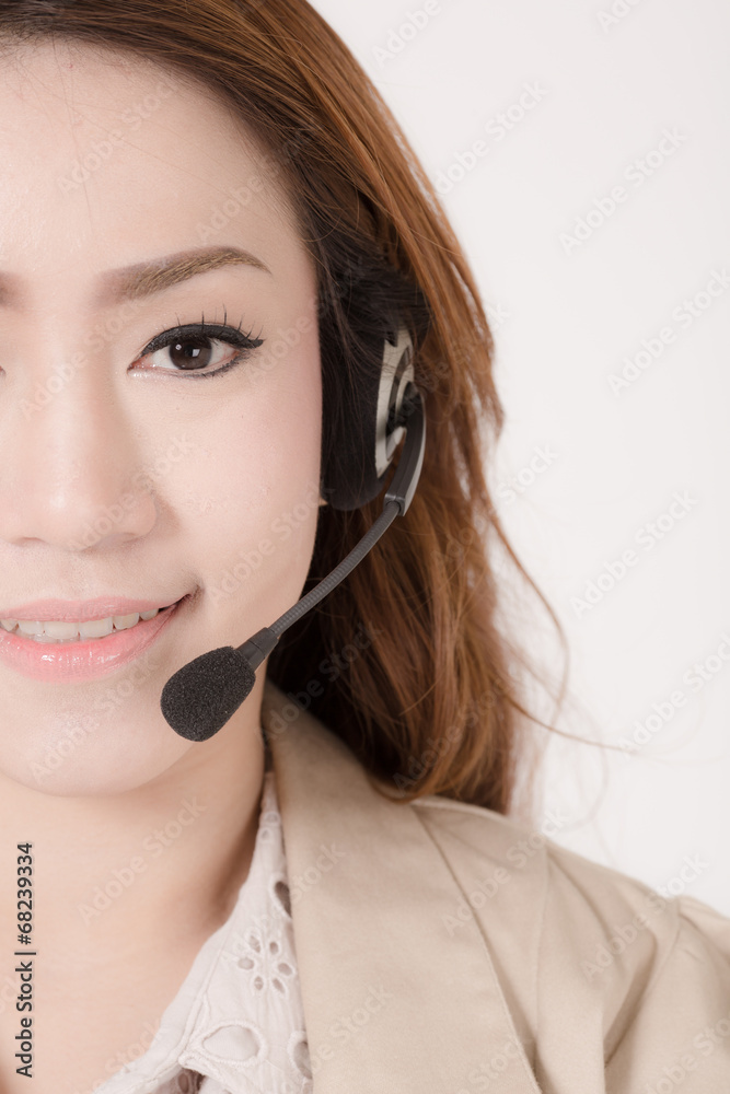 Portrait of happy smiling cheerful support phone operator in hea Portrait of happy smiling cheerful support phone operator in hea