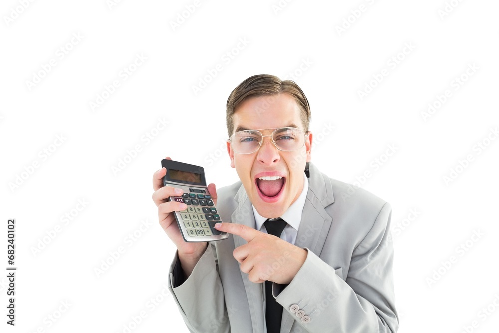 Geeky cheering businessman holding calculator Geeky cheering businessman holding calculator
