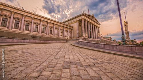 Austrian Parliament in Vienna. Wide-angle view at sunset. © Nick Fox