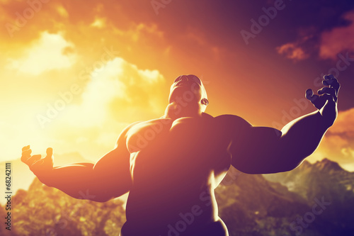 Muscular strong man with hero, athletic body shape showing power