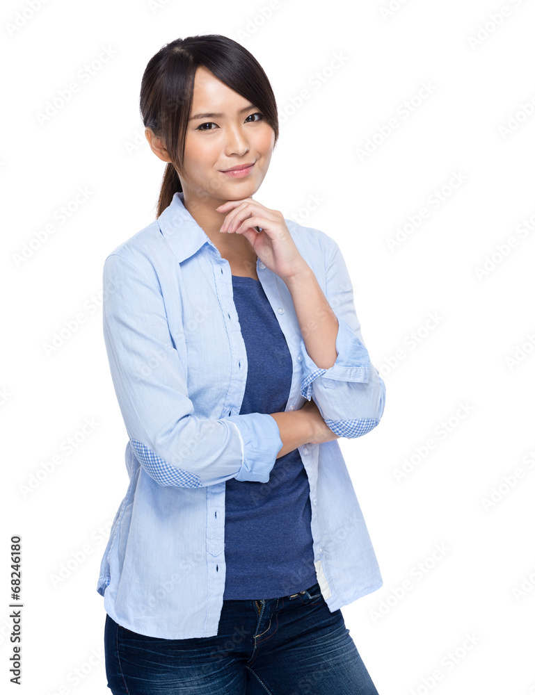 Asian young woman rest chin on hand Asian young woman rest chin on hand