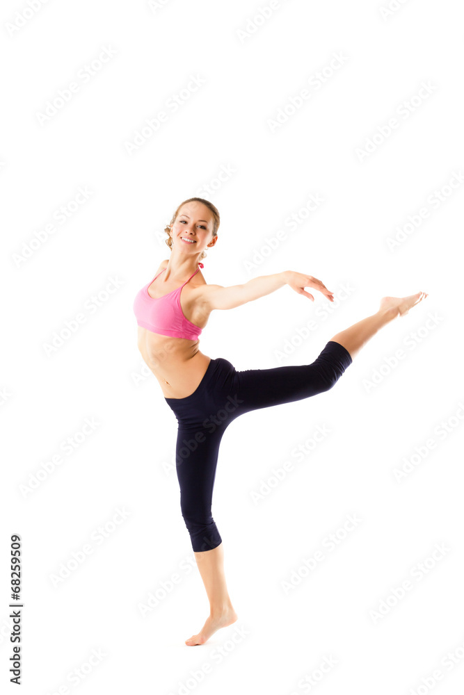 Beautiful sporty woman jumping on a white background Beautiful sporty woman jumping on a white background