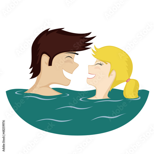 Couple in water - Cartoon young bathing lovers