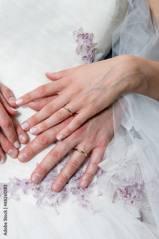 Mani degli sposi con le fedi nuziali Stock Photo Adobe Stock