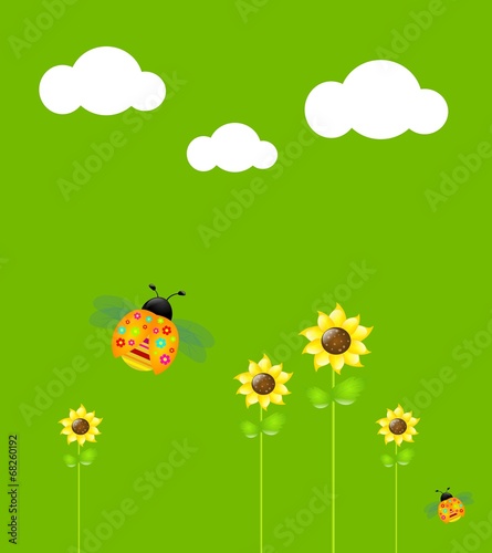 Green background with floral ladybug