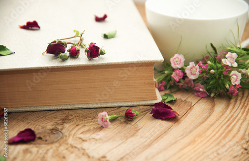 Dry roses and old book. Toned image