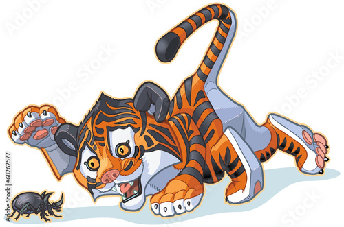 Cartoon Tiger Cub Plays with Rhinoceros Beetle