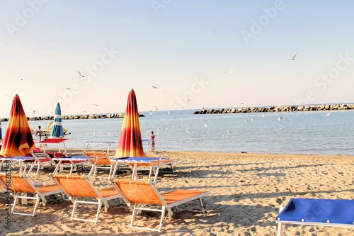 beach with umbrellas and sunbeds in Gatteo in Italy photo