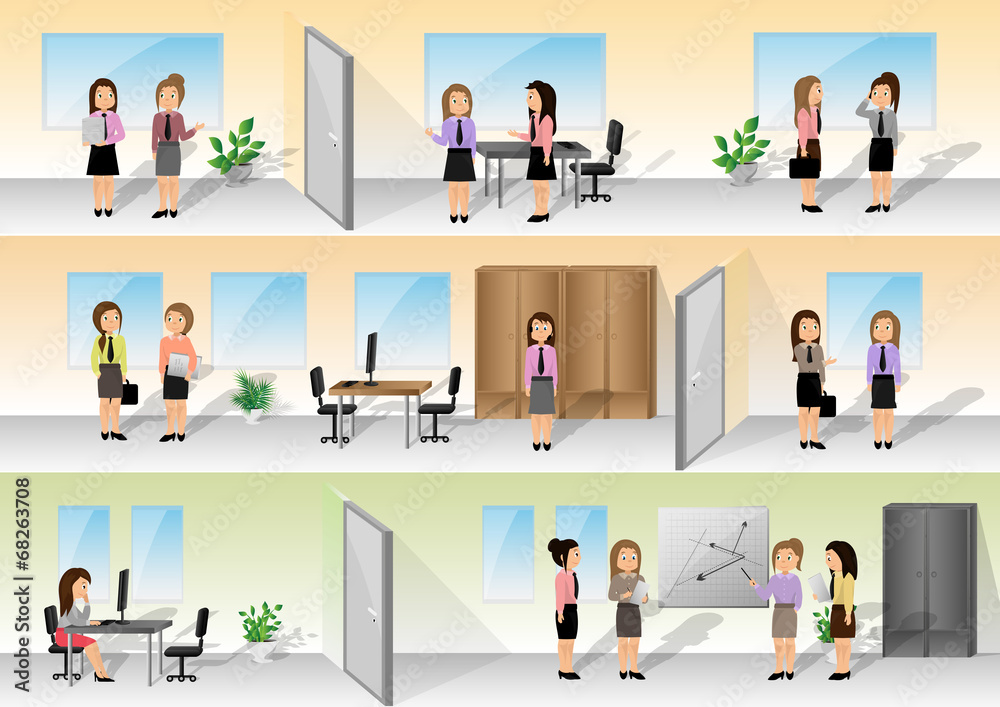 Businesswomen In Office Set - Vector Illustration Businesswomen In Office Set - Vector Illustration
