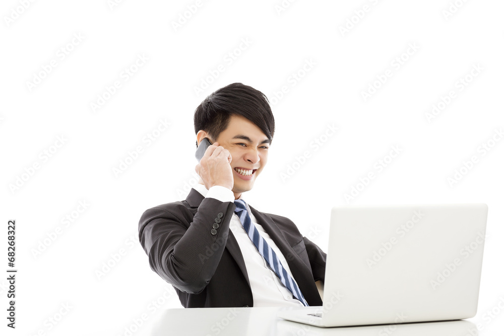 smiling business man talking happily by smart phone smiling business man talking happily by smart phone