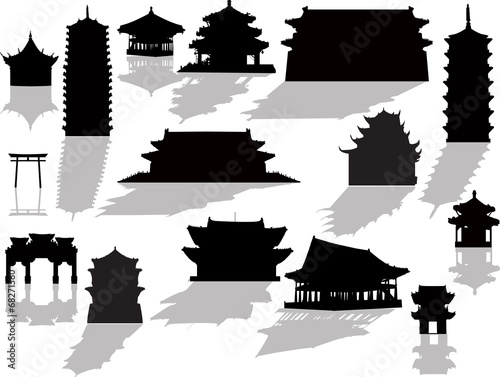 Tela isolated pagoda silhouettes with shadows