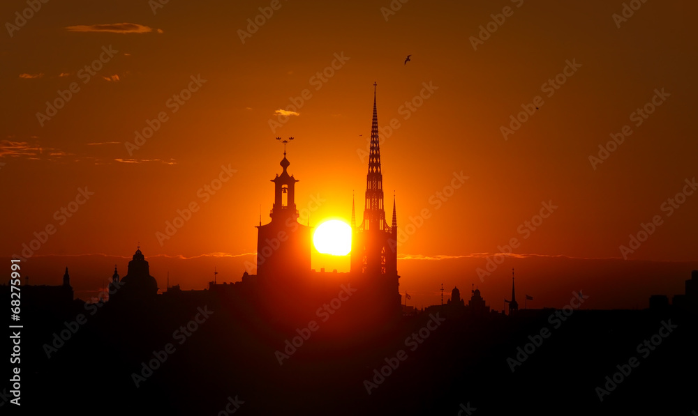 Naklejka premium Stockholm cityscape at sunset